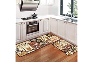 OUXIOAZ pugdodo 2 PCS Coffee Theme Kitchen Rugs and Mats Non Skid Washable Black Kitchen Mat Soft Super Absorbent Anti Fatigue Kitchen Mat Runner Set Doormat Bathroom 17"x47"+17"x30" (Coffee)