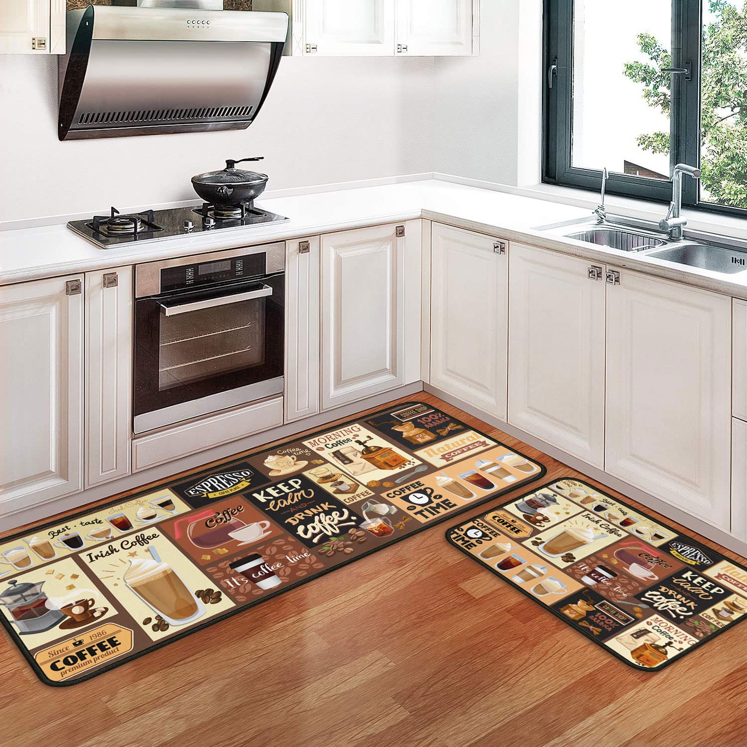 Photo 1 of Coffee Theme Kitchen Rugs and Mats(2 PCS),Non Skid Washable Black Kitchen Mat Soft Super Absorbent Kitchen Mat Runner Set Doormat Bathroom 17"x47"+17"x30"