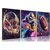 3Pcs Football Canvas Wall Art Graffiti Rugby Gaming Cool Sports Theme Wall Decor Pictures Colorful American Football Player Posters Prints for Kids Boys Room Teen Bedroom Decoration 12x16in