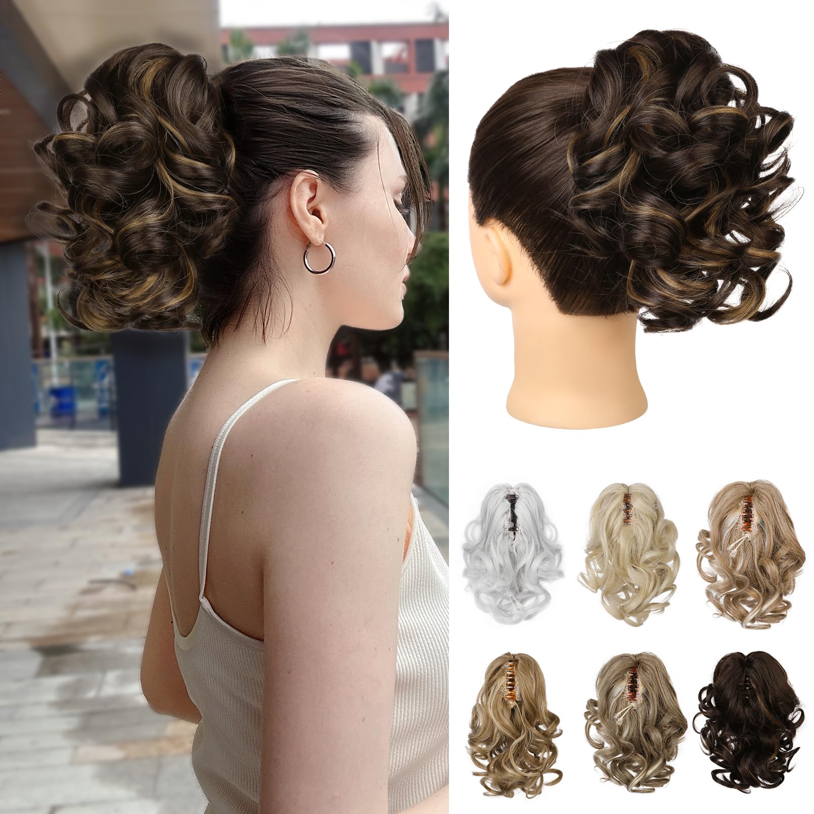 Photo 1 of REECHO 9" Short Ponytail Extension, Classic Loose Curly Wavy Claw Clip Pony tails Hair Extensions HP001 Hairpieces for Women - Dark Brown with Highlights