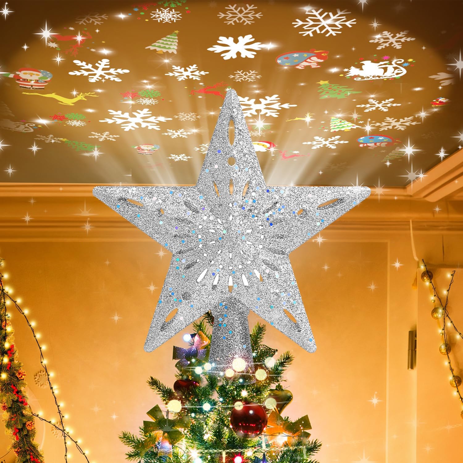 Tree Toppers - Mrrihand Christmas Tree Topper Lighted with 6 Projection Modes, Christmas Star Tree Topper Built-in LED Rotating Lights, Silver 3D Glitter Dynamic Projection for Christmas Tree Decorations