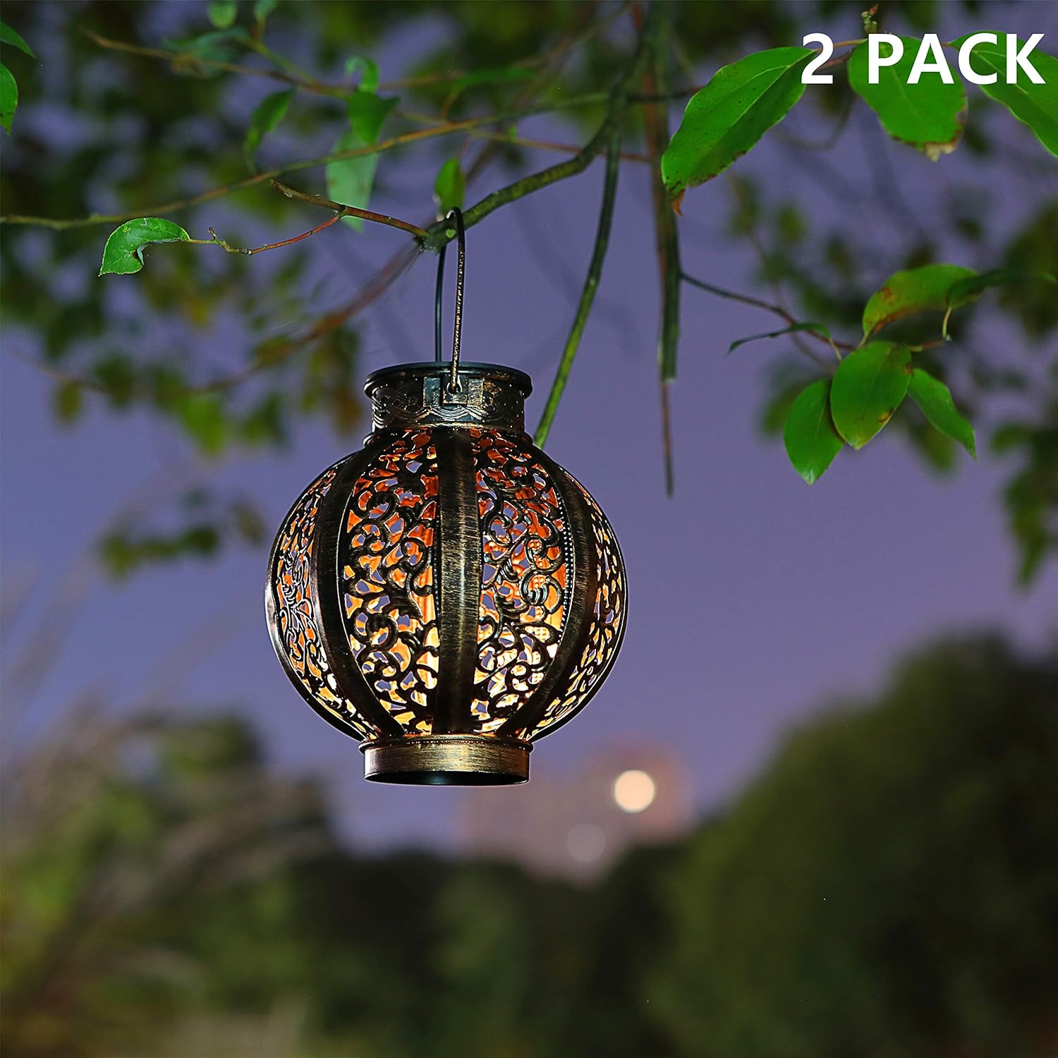 MAGGIFT 2 Pack Hanging Solar Lanterns Retro Solar Lights with Handle, Outdoor Solar Garden Lights Decor for Yard Tree Fence Patio 6 Lumens, Brown - - 