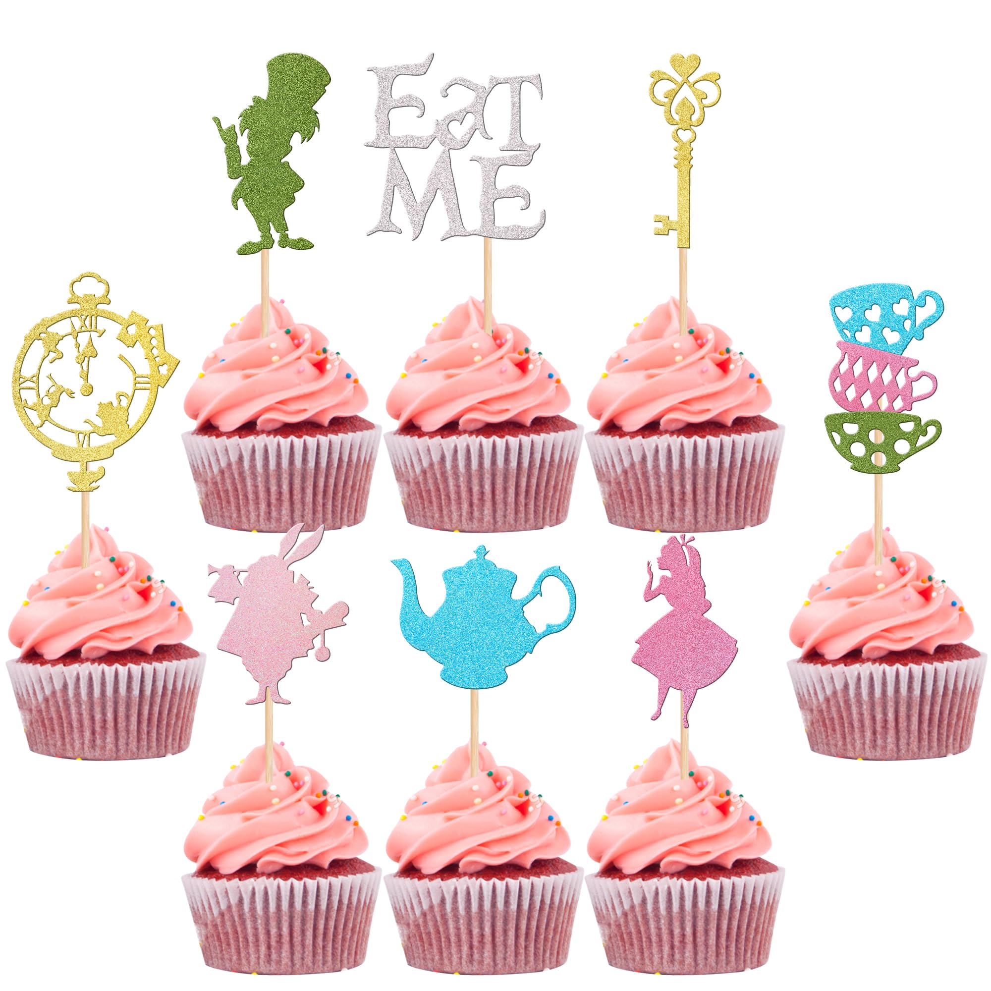 SYKYCTCY 24 Pack Wonderland Cupcake Toppers Glitter Kit Magic Tea Party Eat Me Cupcake Picks Lets Partea Baby Shower Girls Boys Baby Birthday Wedding Party Cake Decorations Supplies