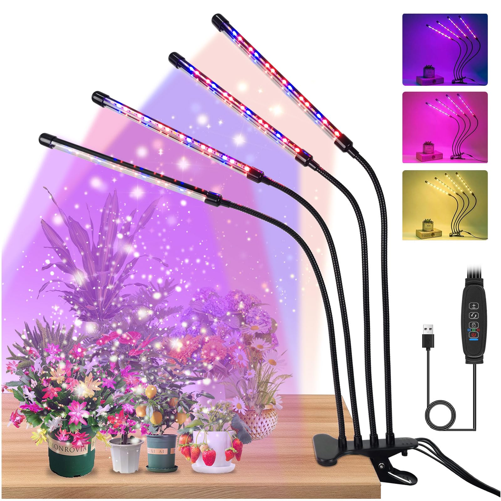 Grow Lights for Indoor Plants,4 Heads Full Spectrum Grow Light,80 LED Plant Light,360° Flexible Gooseneck with 10 Dimming Level & 3 Lighting Modes,Timer Plant Light for Plants Growth LED Lantern