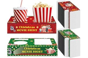 QOUBAI 50Pcs Christmas Party Supplies Movie Night Paper Snacks Boxes Christmas Movie Theater Snack Tray Party Decorations Movie Popcorn Drink Holder Set for Xmas Theme Cinema Birthday Holiday Party