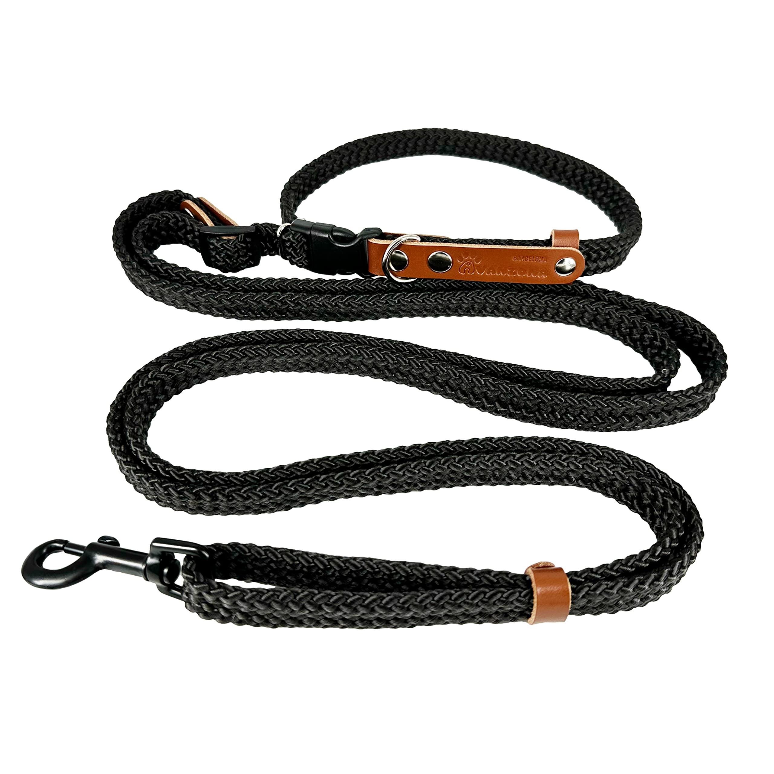 Hands Free Dog Walking Lead. Dog Lead Adjustable Length. Multifunction Dog Lead Suitable for Waist, Shoulder, Crossbody. Handmade in Spain for Small, Medium and Large Dogs. Black.