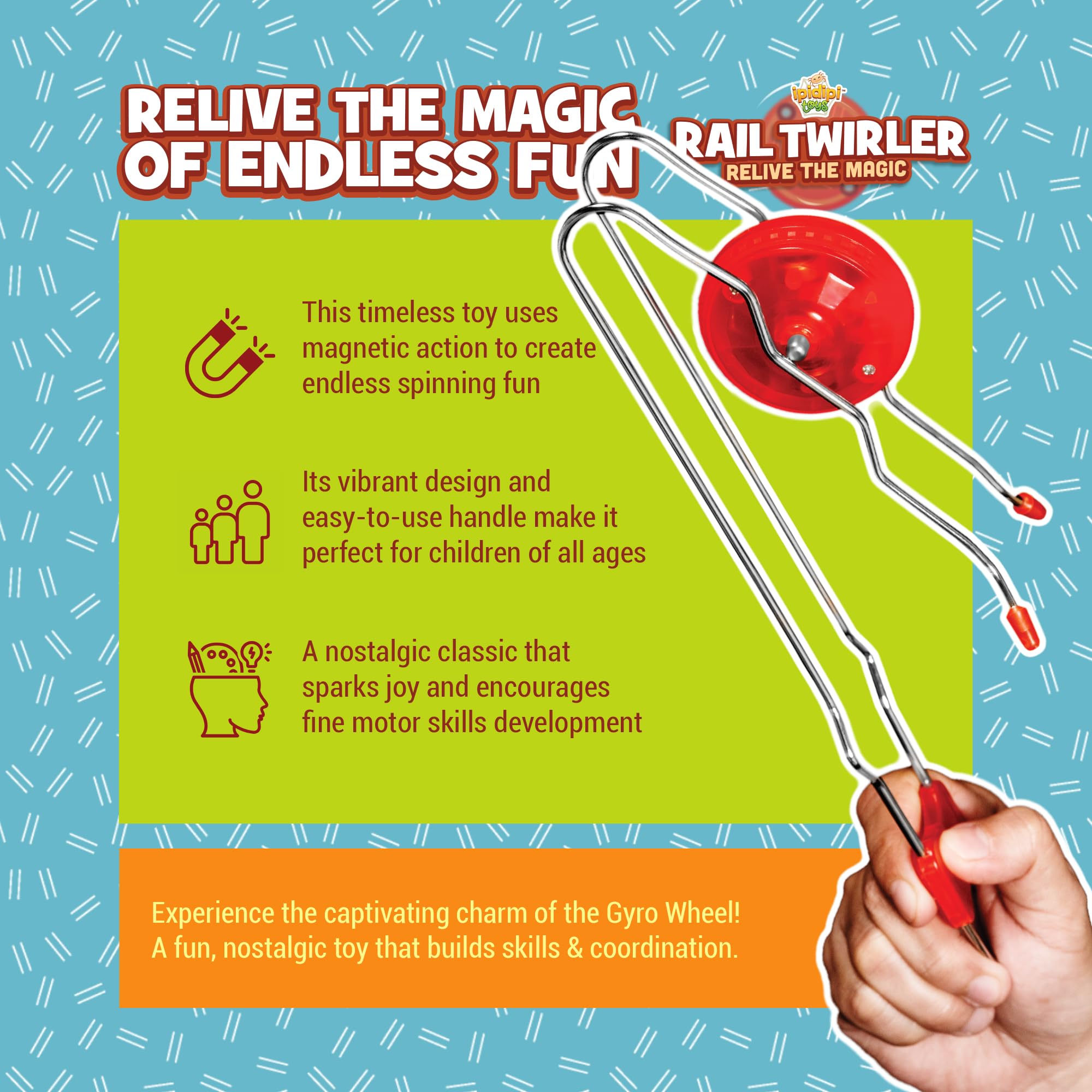 Retro Magic Rail Twirler - 3 Pack - Light Up Magnetic Stocking Stuffers For Kids - Sensory Toy With Spinning Wheel and Flashing LEDs | Rail Twister Vintage Fidget Toy for Adults & Children | 3 Colors