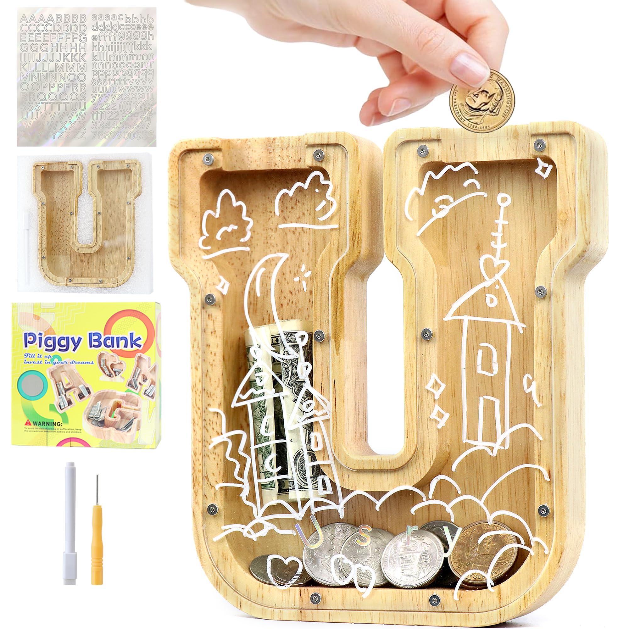 Mikytoper Money Box for Kids Wooden Letter Piggy Banks for Kids Money Box with Target Area Personalized Money Box Clear Money Bank for Gift Decoration Baptism (U)