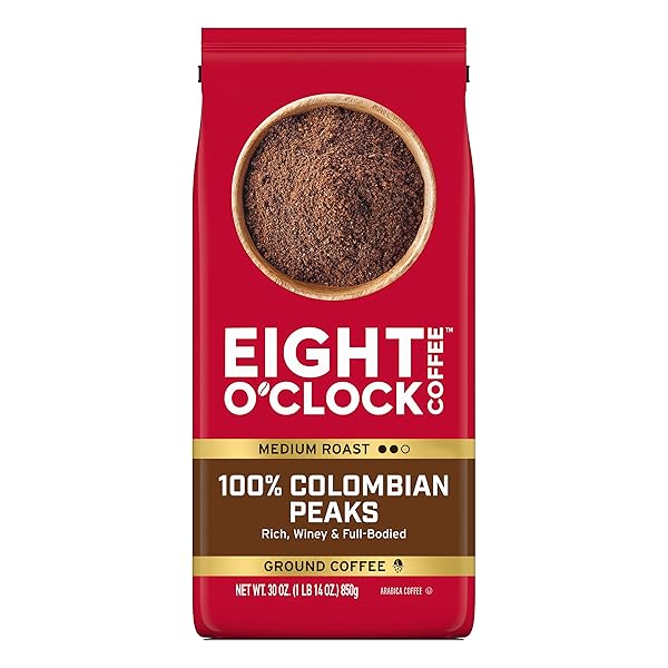 EIGHT O’CLOCK COFFEE 100% COLOMBIAN PEAKS GROUND COFFEE, MEDIUM ROAST, 30 OUNCE (PACK OF 1) – RICH, WINEY & FULL BODIED