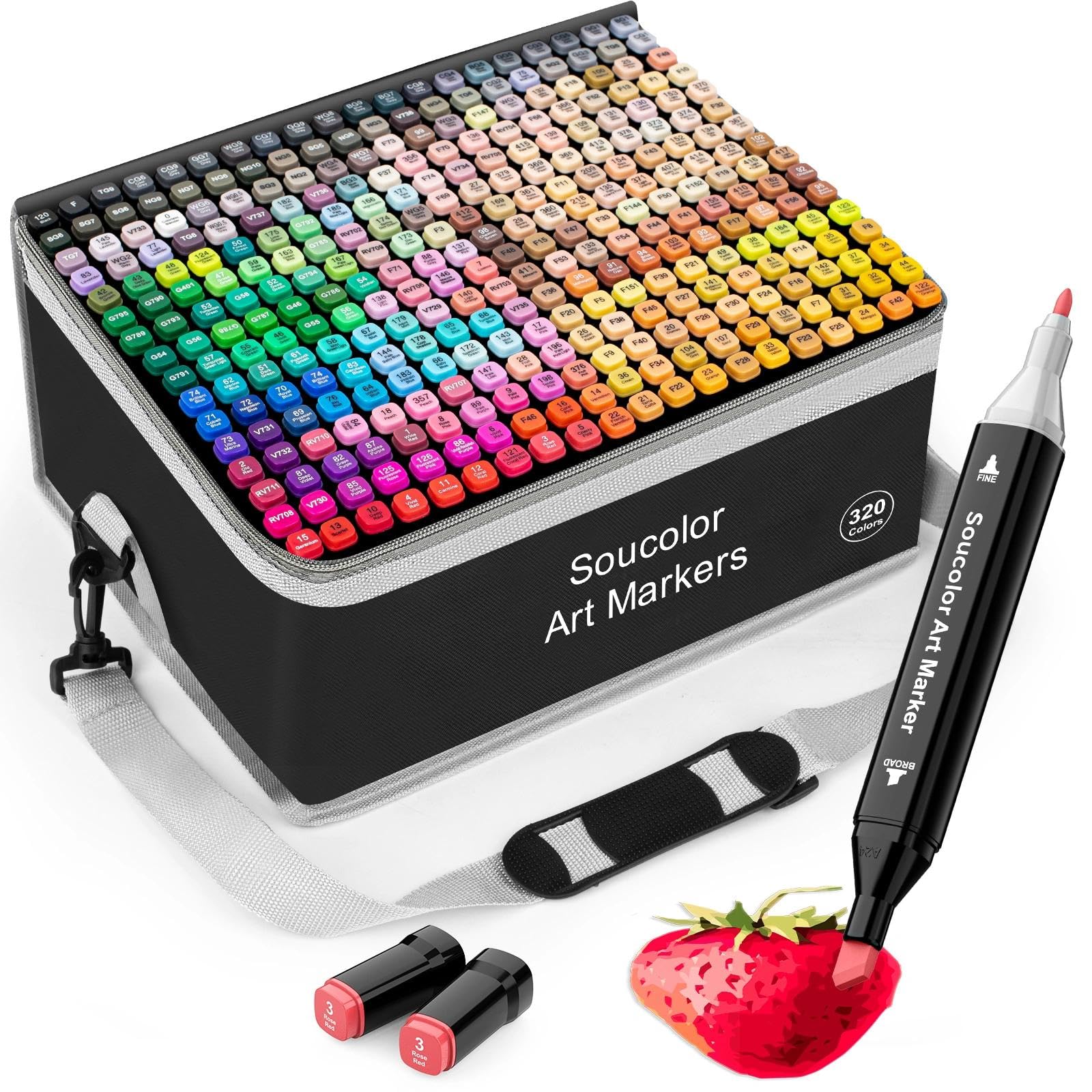 Soucolor Alcohol Markers 320 Colors with Case & Holders, Dual Tips Chisel & Fine Art Markers for Adult Coloring Kids Drawing, Artist Markers Art Supplies for Blending Sketching Image