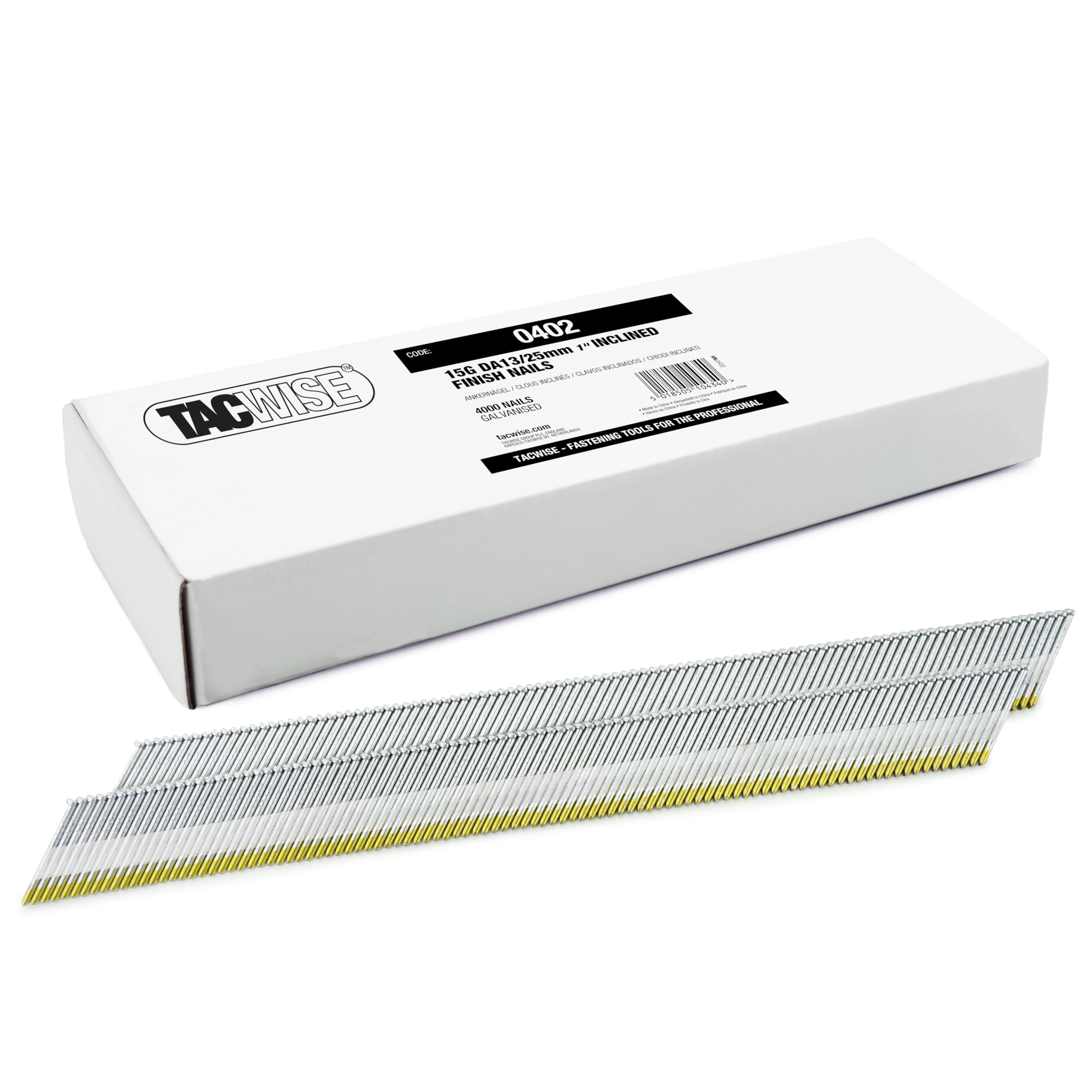 Tacwise 0402 Type DA 15G / 25 mm Galvanised Angled Finish Nails, D Head, Pack of 4,000