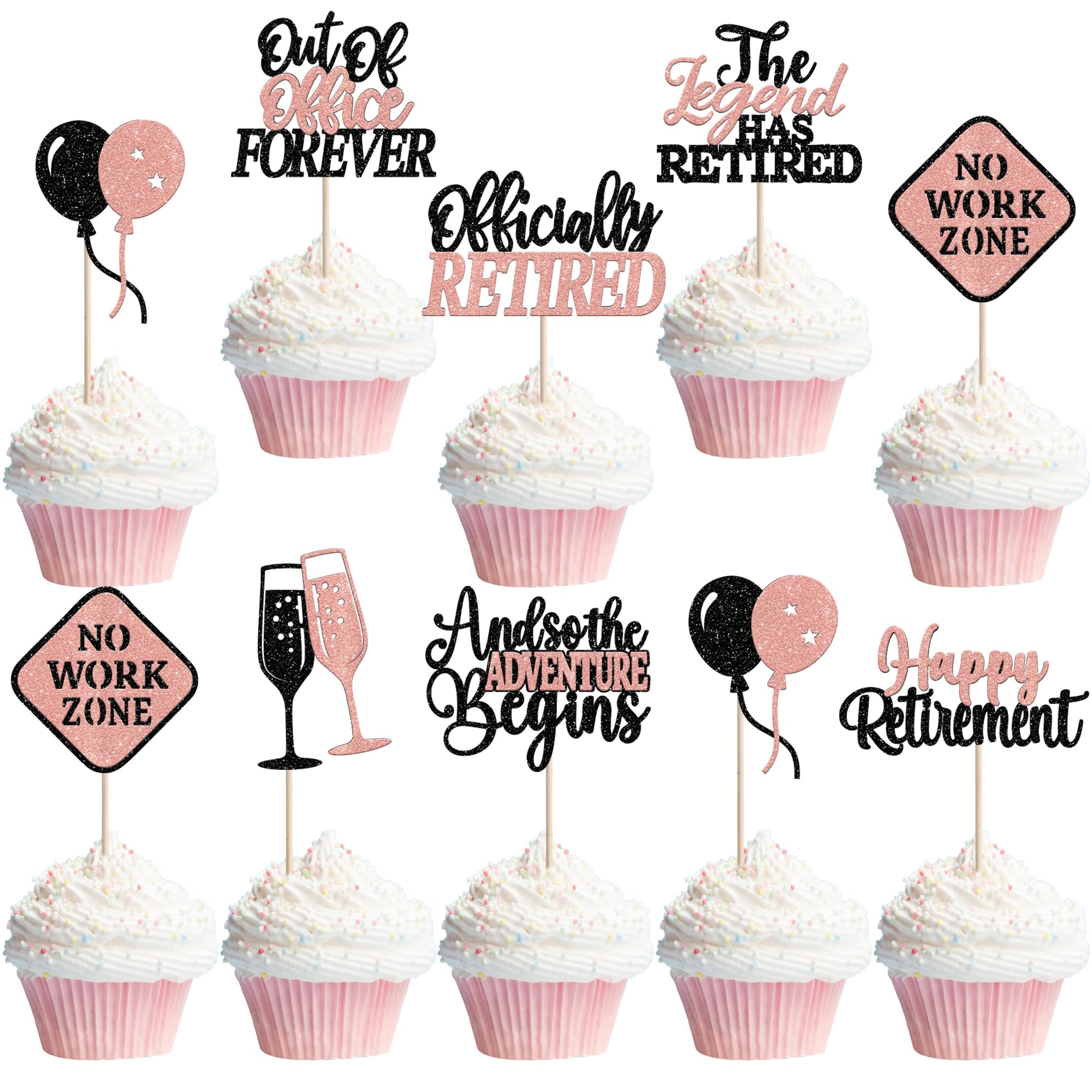 24 Pack Happy Retirement Cupcake Toppers Out Of Office Forever No Work Zone Cupcake Picks The Lagend Has Retired Cupcake Decorations for Officially Retired Party Cake Decorations Black Rose Gold