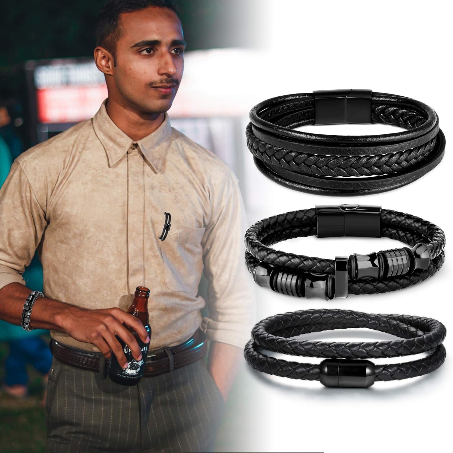 FIBO STEEL 3 PCS Braided Leather Bracelets with Magnetic Clasp for Men Women Wrap Genuine Leather Bracelet Wrist Cuff Bangle (8.5): Jewelry