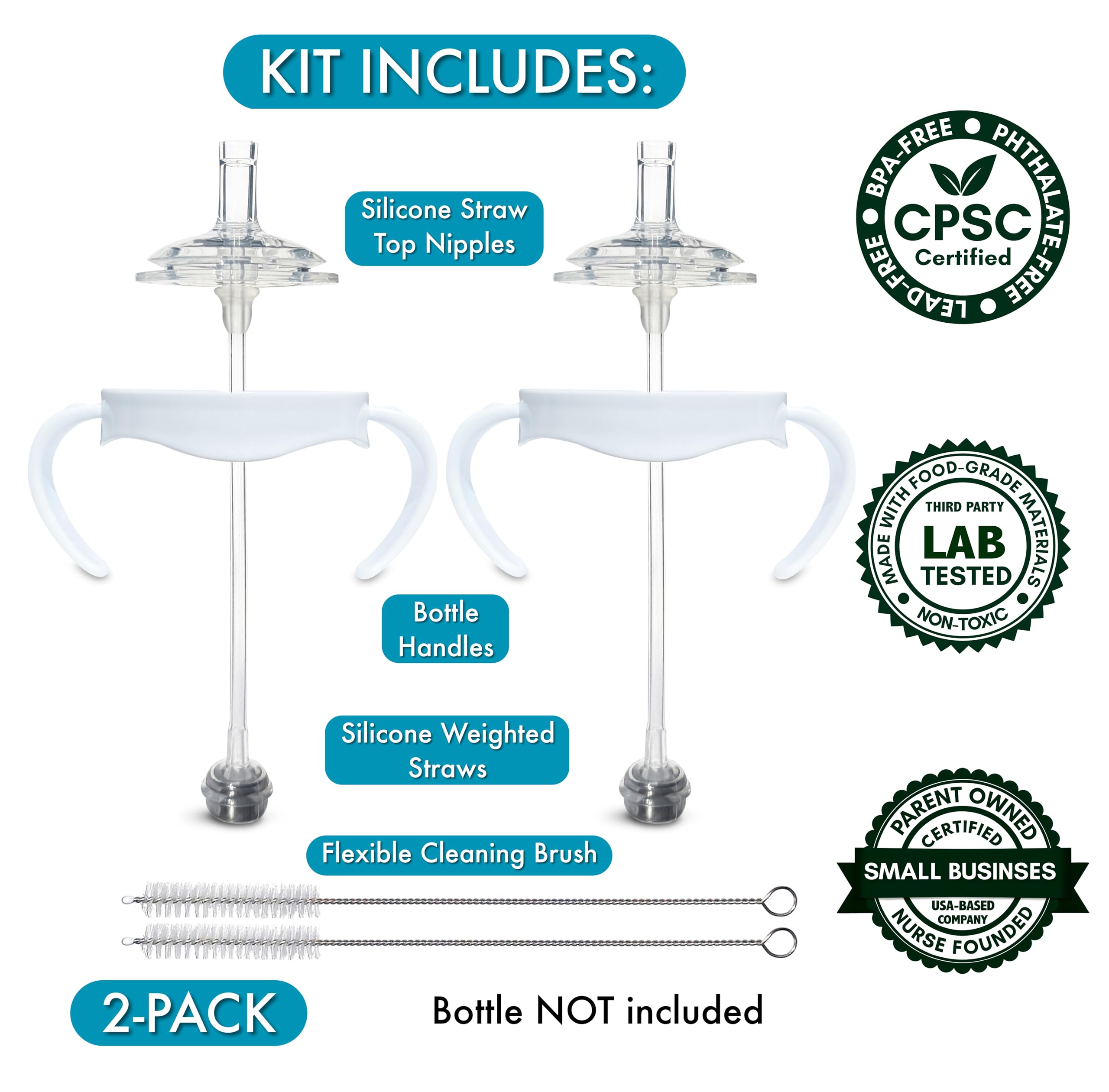 Straw Cup Conversion Kit for Philips Avent Natural Baby Bottles 2-Count, Food Grade Silicone Straw Nipples and Weighted Straw, Bottle Handles, Cleaning Brush, BPA-Free, Sippy Transition, 6+ Months