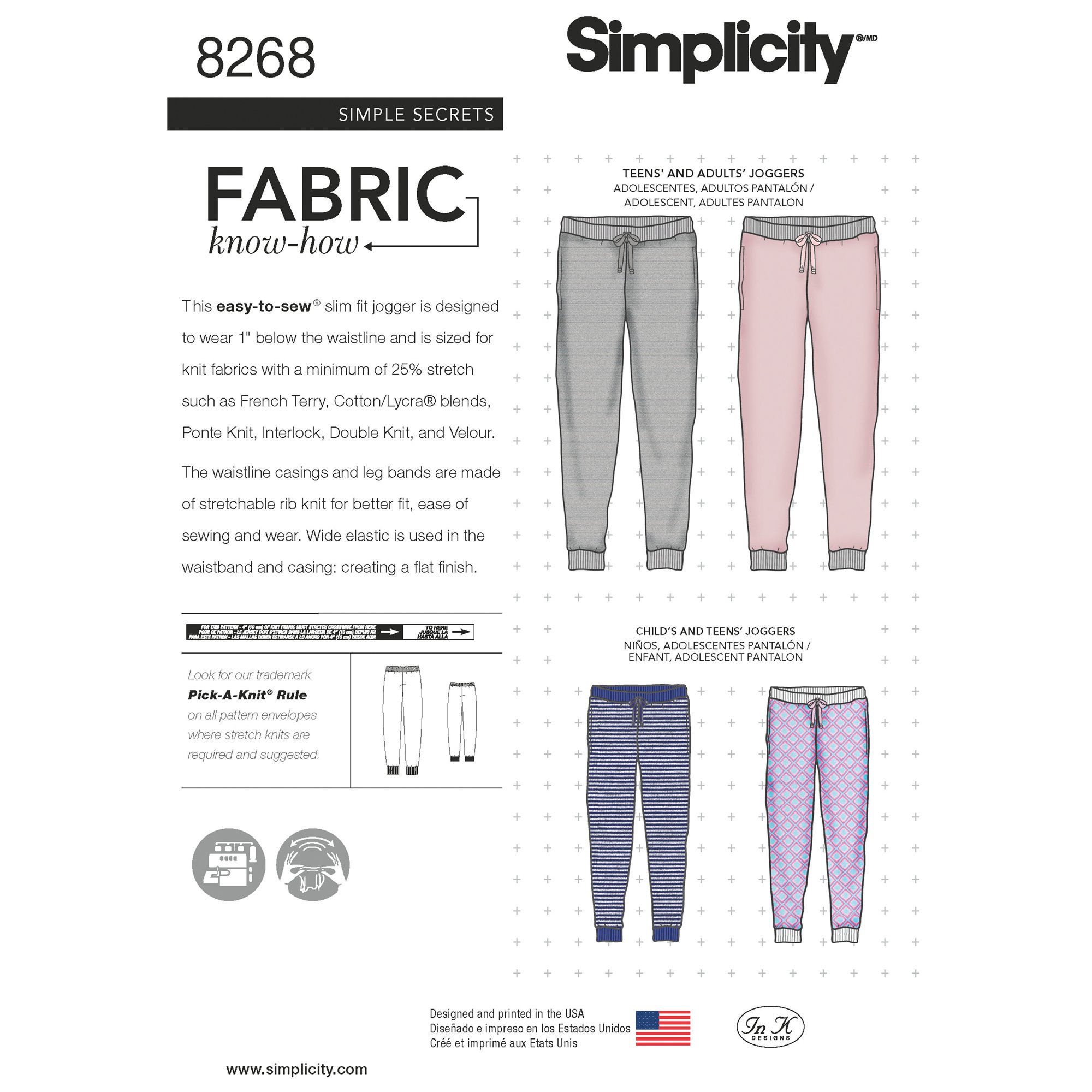 Simplicity Pattern 8268 L/XS-XL Child's, Teen's and Adult's Slim Fit Knit Jogger, Paper, White, 22 x 15 x 1 cm