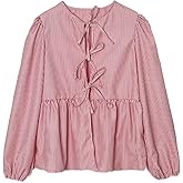 MakeMeChic Women's Striped Print Tie Front Blouses Long Sleeve Ruffled Hem Tops