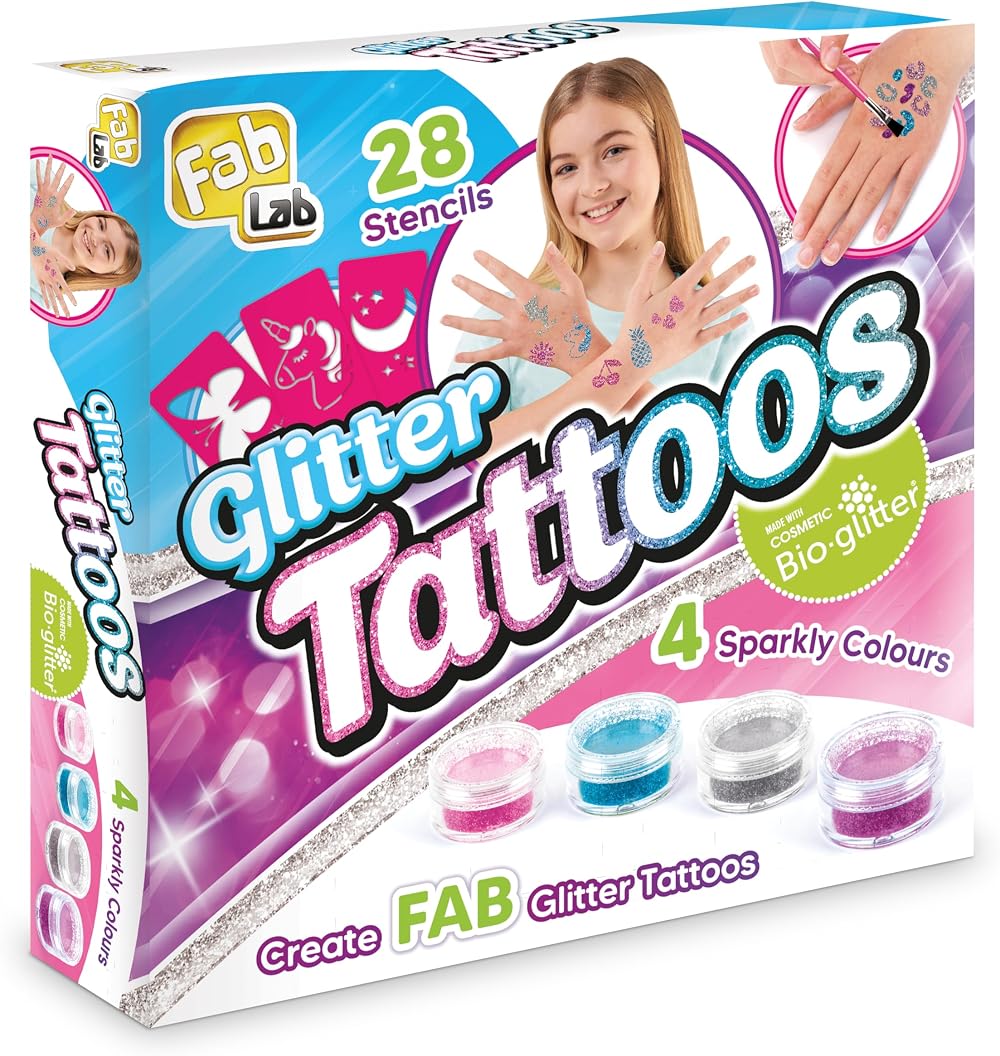 FabLab Glitter Tattoos Kids Craft Kit | 28 Stencils 4 Bio-Glitter Colours |