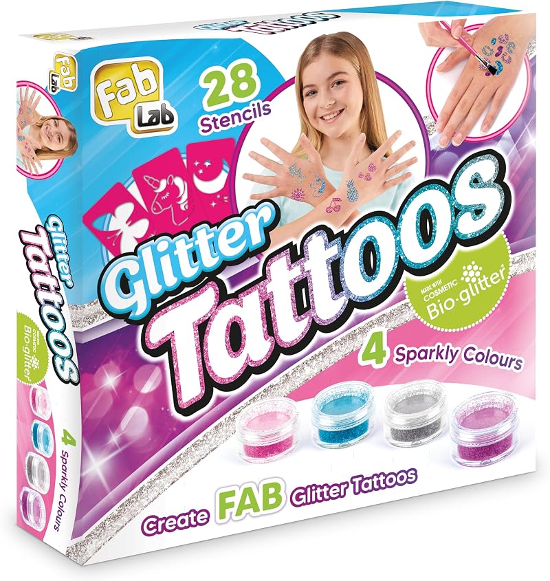 FabLab Glitter Tattoos Kids Craft Kit | 28 Stencils 4 Bio-Glitter Colours |