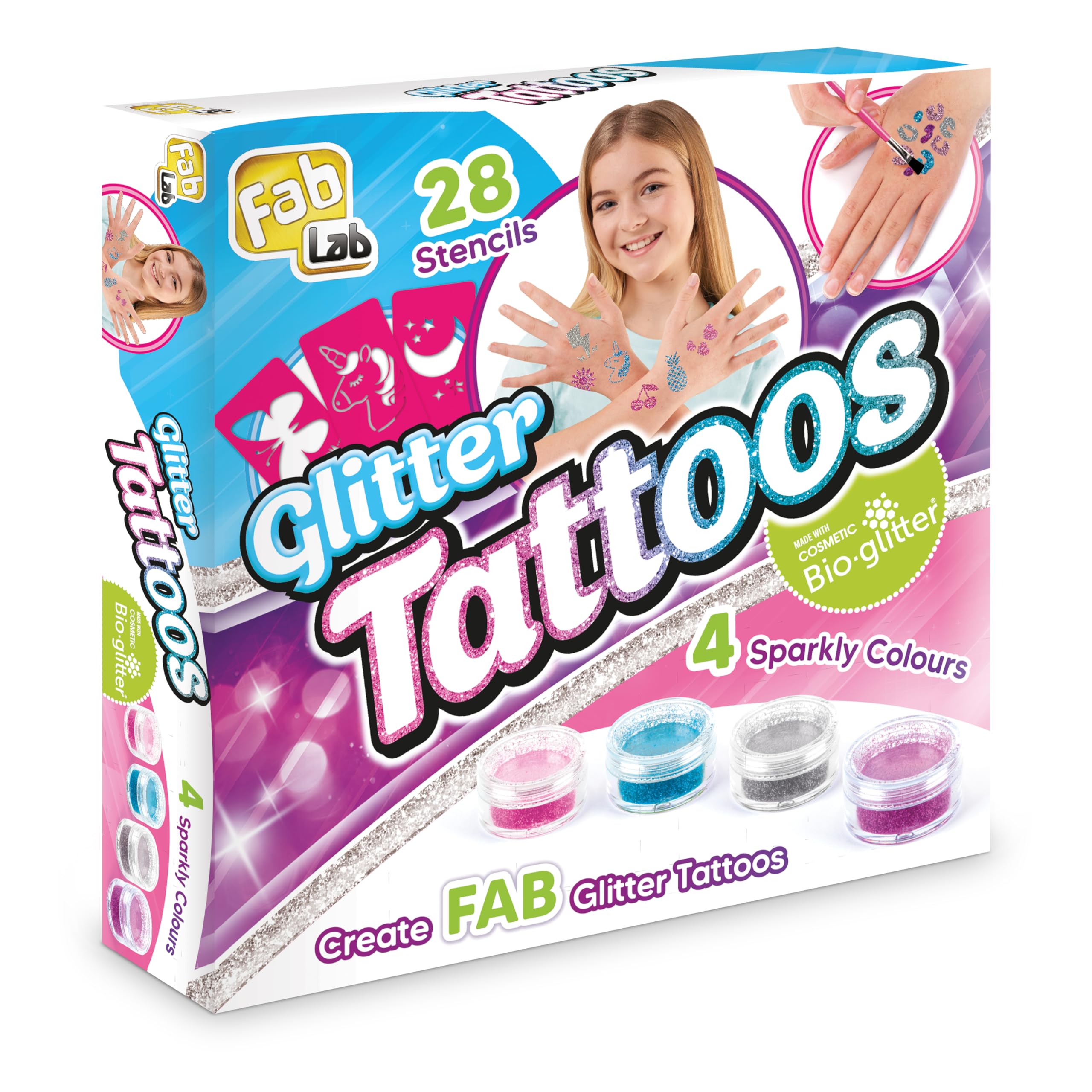 FabLab Glitter Tattoos | Create FAB Glittery Kids Tattoos! | Includes 28 Stencils and 4 Sparkly Colours of Bio-Glitter | Girls Gifts for Ages 8+