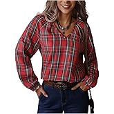 GORGLITTER Women's Plaid Shirt Long Sleeve V Neck Vintage Fall Blouses Bishop Going Out Tops