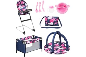 Bayer 9-in-1 Doll Accessory Set with Travel Bed & Highchair - Perfect Toy for Dolls - Includes Plate, Utensils, Play Mat and More