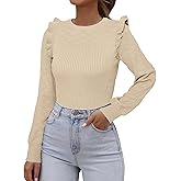 Simplee Womens Long Sleeve Sweaters Crewneck Ruffle Shoulder Fall Sweater Casual Ribbed Knit Pullover Tops 2025