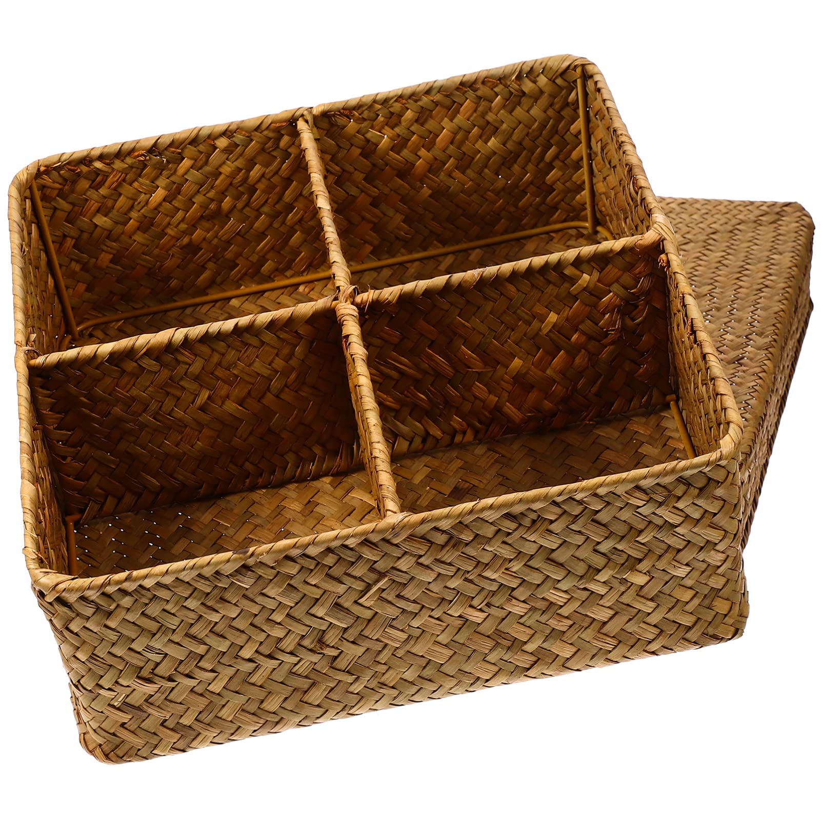 Zerodeko Rattan Storage Basket 4 Compartment Wicker Baskets Coffee Station Organizer Tea Bag Holder Toilet Paper Small Basket Woven Seagrass Baskets Bins with Lids
