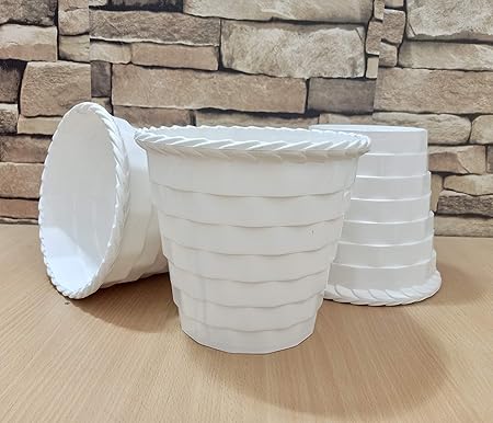 Grahini Plastic Base Brick Style Planter/Pot for Indoor and Outdoor Gardening, 7.5 Inch (H) x 8 Inch (D) (White, 3)