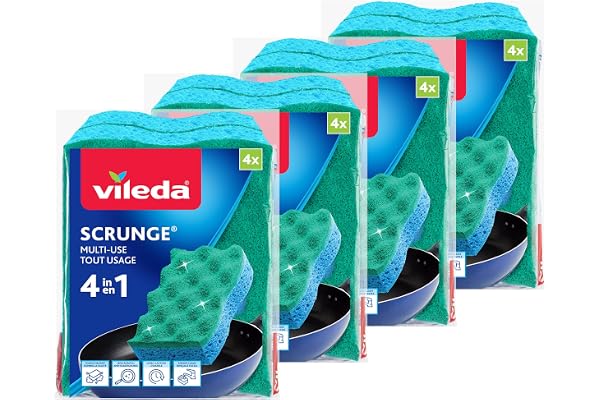 Vileda Scrunge Multi-Use Non-Scratch Scrub Sponge (Pack of 16) | Rinses Clean, Stays Fresh Longer | Durable & Long-Lasting |