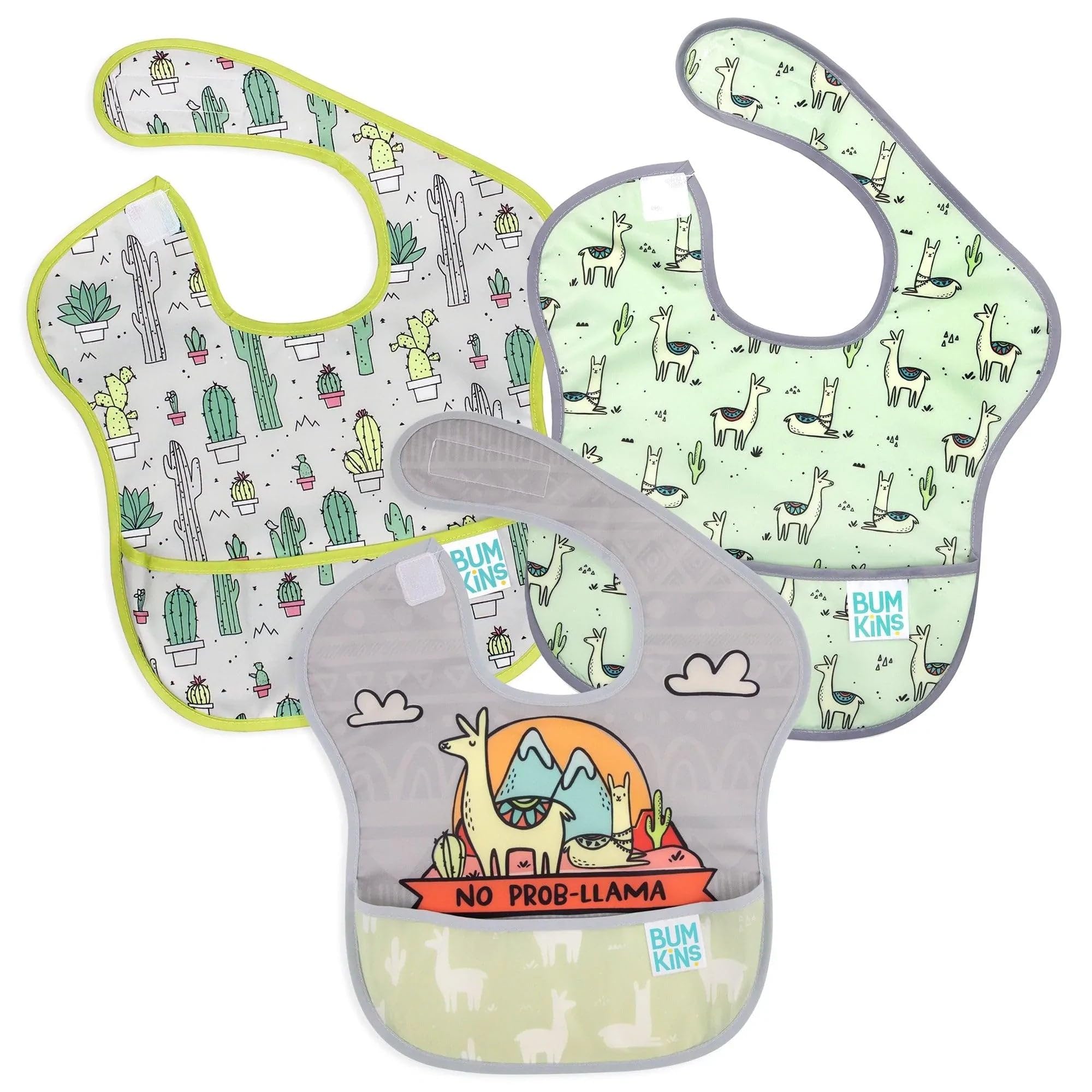 Bumkins SuperBib, Adjustable Hook & Loop Closure, Catch-All Pocket, Baby-Led Weaning, Waterproof, Machine Washable, Stain & Odour Resistant, BPA Free, 6-24 Months, 3-Pack, No Probllama, Llamas, Cacti โ image 1