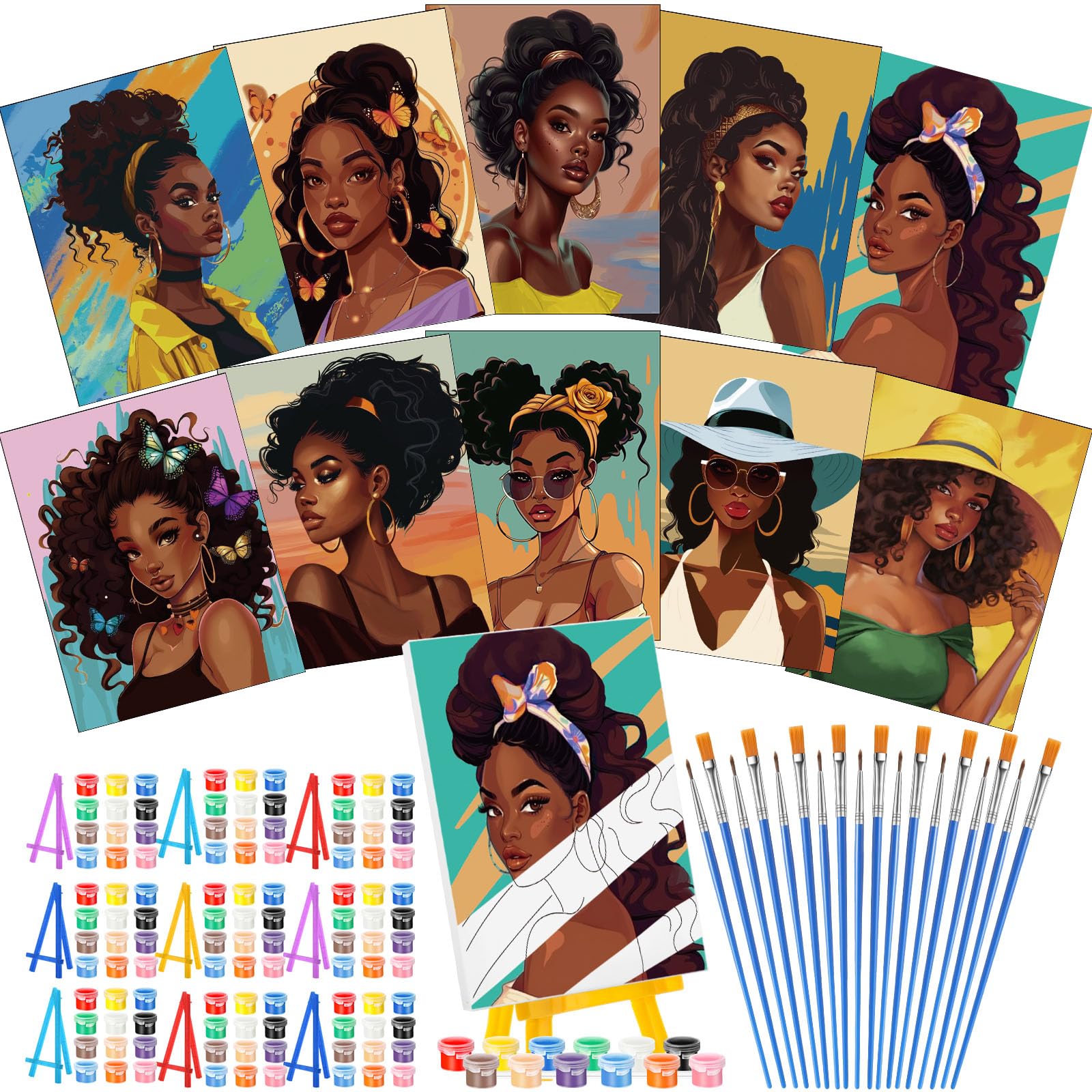 Photo 1 of ***MISSING ITEMS***Blosssound 10 Set Pre Printed Canvas Pre Drawn Canvas Painting with Easel Kits 5" x 7" Outline Painting Panels for Beginners, DIY Craft Project, Party Favor, Home Decors(Black Women)