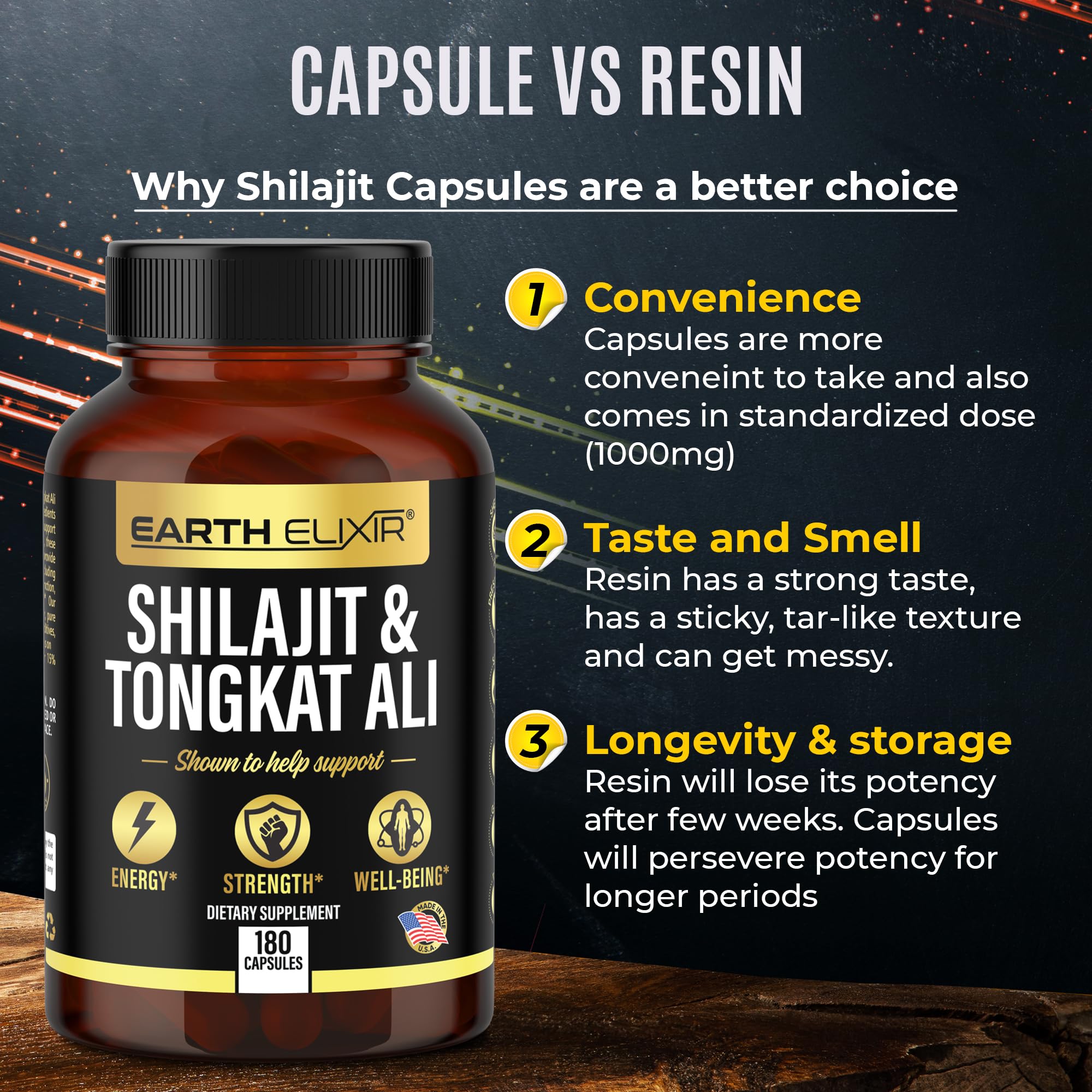 Earth Elixir Shilajit 1000mg & Tongkat Ali 400mg (180 Capsules) Made in USA-Shilajit Supplement (20% Fulvic Acid) Shilajit Pure Himalayan Organic & Tongkat Ali for Men More Potent Than Shilajit Resin