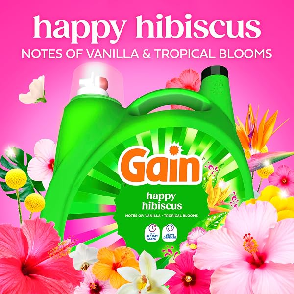 GAIN LIQUID LAUNDRY DETERGENT, WITH ODOR DEFENSE, HAPPY HIBISCUS SCENT, LAUNDRY SOAP FOR HE WASHING MACHINES, 132 FL OZ, 100 LOADS (PACKAGING MAY VARY)