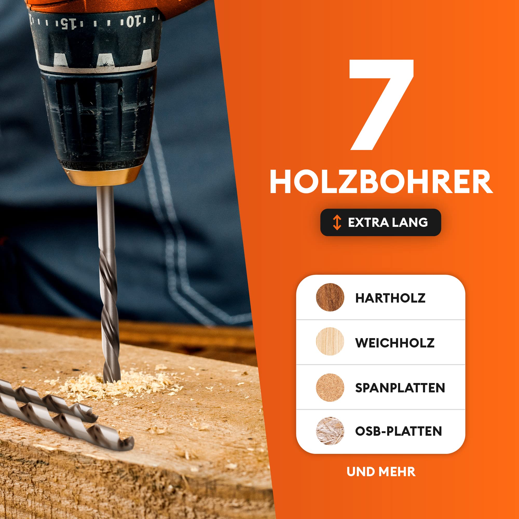 MEISTERGRIFF® Holzbohrer Set lang [7 Stück] - Extra scharfe Bohrer - Stabiles & bruchfestes Schlangenbohrer - Ø 4, 5, 6, 7, 8, 10, 12 mm 2