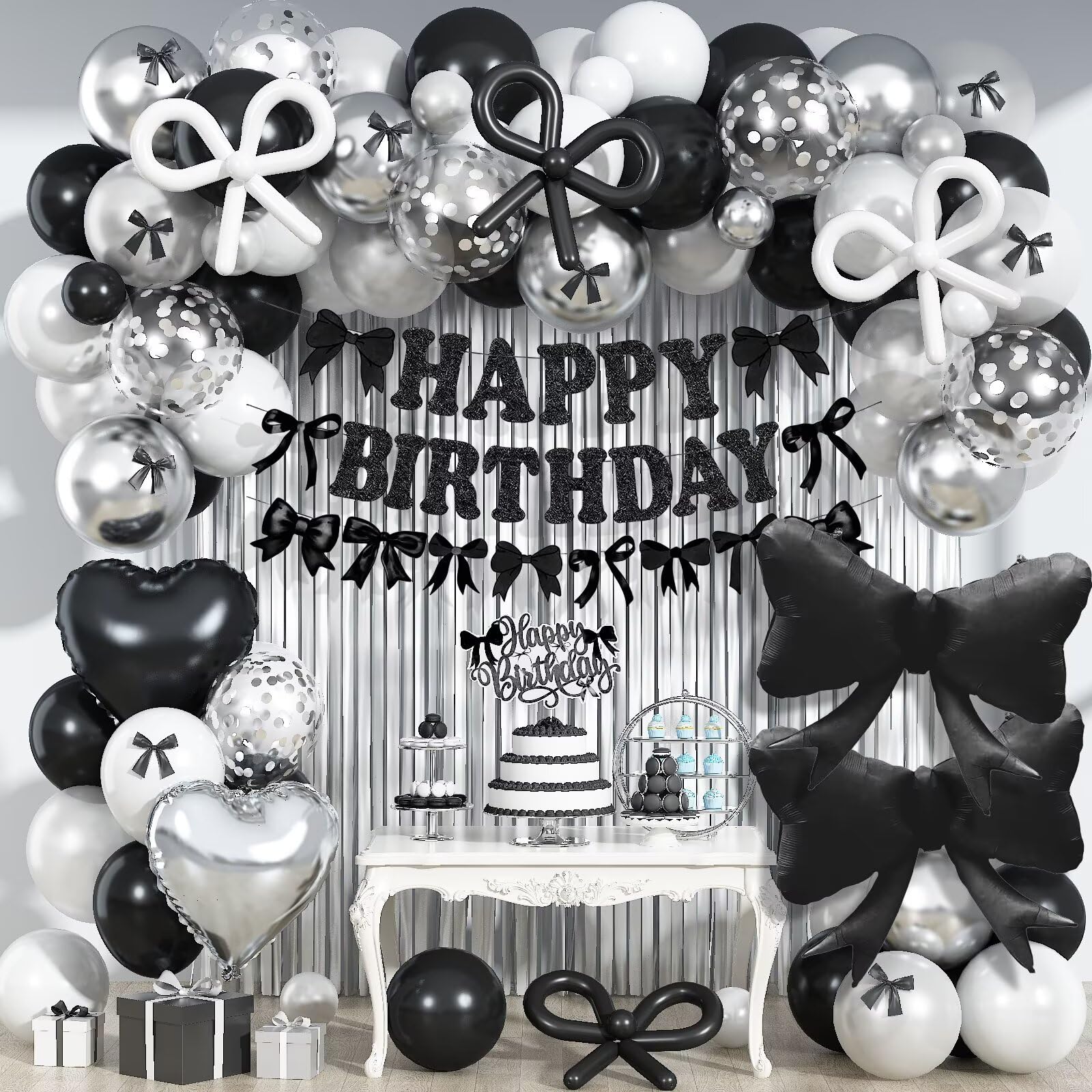 Black Bow Birthday Decorations, Coquette Bow Black and White Silver Balloons with Happy Birthday Banner Fringe Curtain Cake Toppers for Women Girls Baby Shower Party Supplies