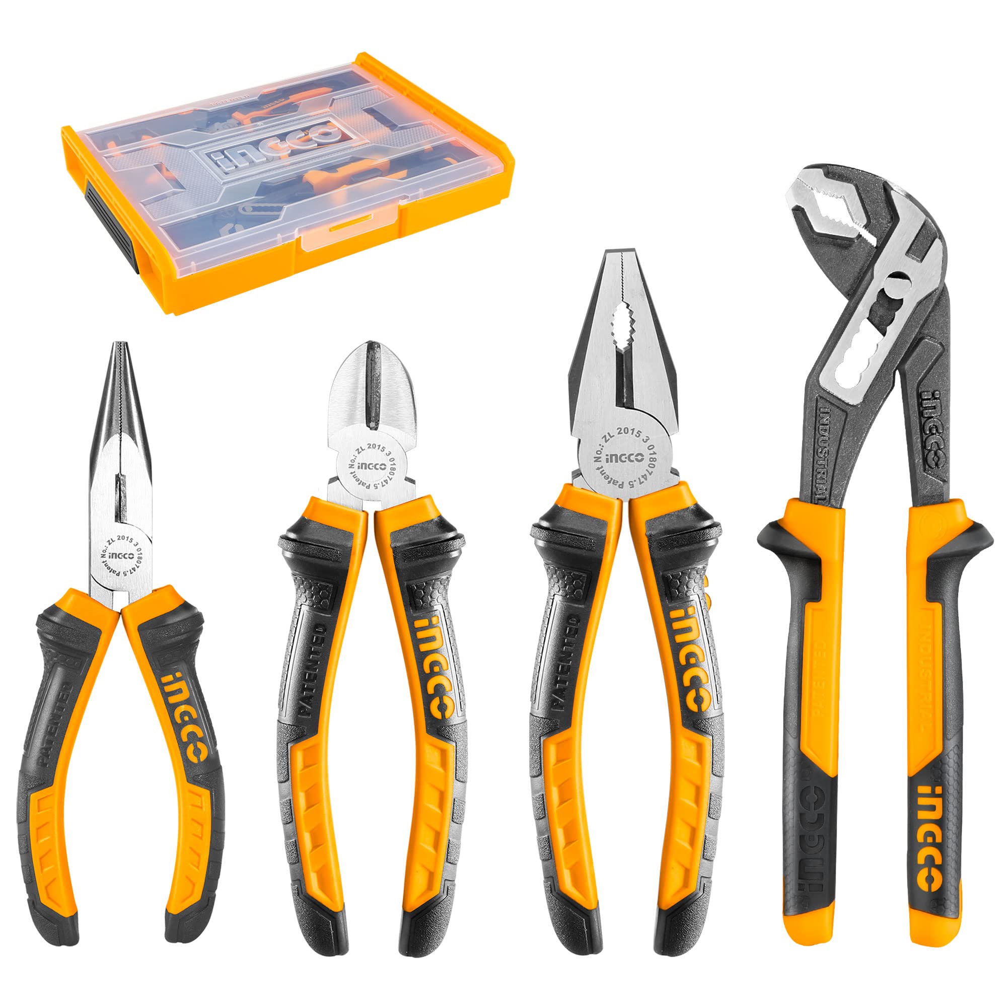 INGCO 4Pcs Pliers Set 8 Inch Combination Plier 7 Inch Diagonal Cutting Plier 6 Inch Long Nose 10 Inch Pump with Stackable Plastic Box HKTV01P041