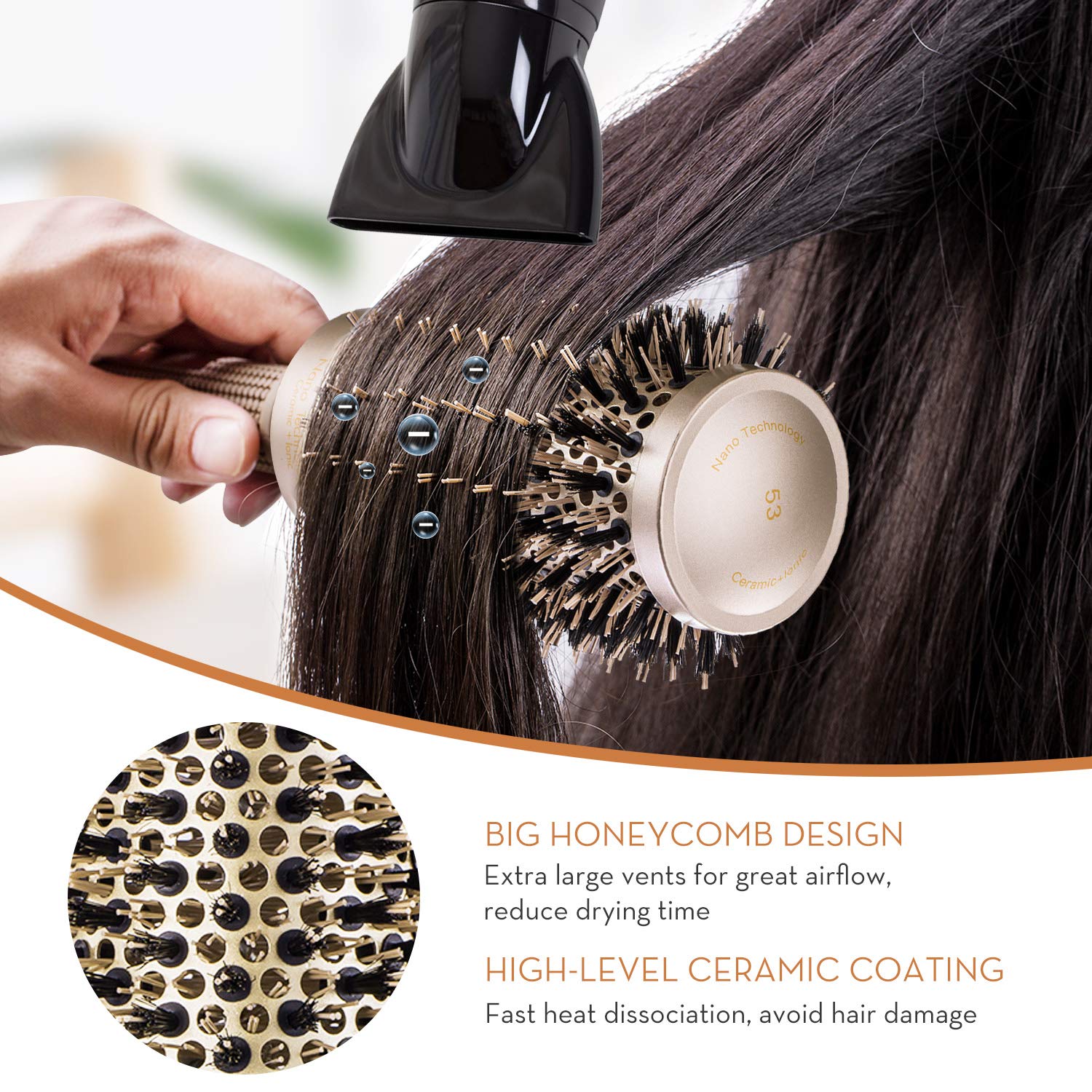 Round Brush, Nano Thermal Ceramic & Ionic Tech Hair Brush, Round Barrel Brush with Boar Bristles, Enhance Texture for Hair Drying, Styling, Curling and Shine (Barrel 2.1 inch) + 4 Free Clips by Aimike : Beauty