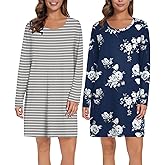 Ekouaer 2 Pack Long Sleeve Sleep Shirts for Women Soft Night Shirts Pullover Nightgowns Comfy Night Gowns Dress S-3XL
