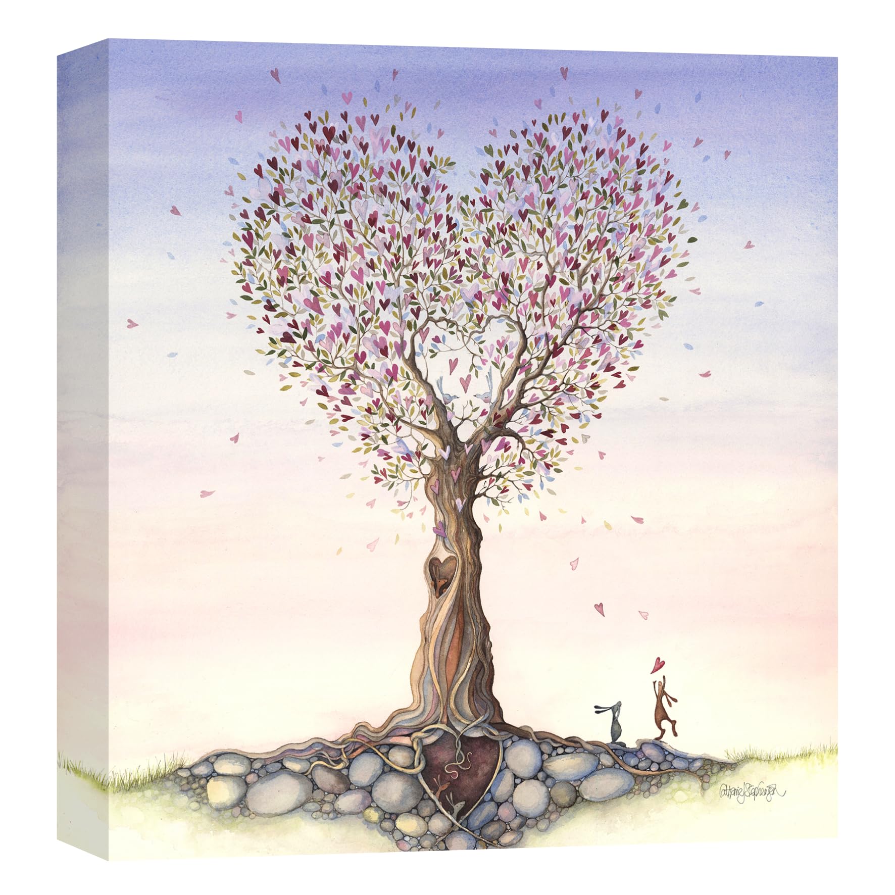 Artko Love Heart Tree and Rabbits Canvas Print Wall Art - 'Falling Hearts' Romantic Home Decor - Catherine Stephenson Artwork - Ready to Hang Painting - 30 x 30cm