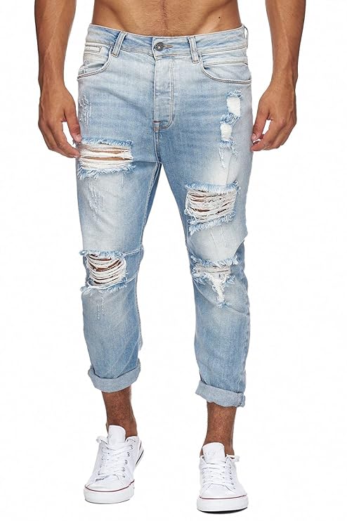 Megastyl Herren Hose Ripped Jeans hellblau Slim-Fit Stretch-Denim 7/8 Länge