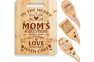 Riveira Wooden Spoons For Cooking & Cutting Board – Great Mother's Day Gift Ideas with its Unique Design – Bamboo Cutting Board for Mothers Day Gifts for Wife – Non Toxic Cooking Utensils
