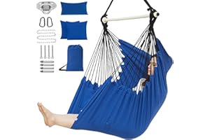 PNAEUT Hammock Chair XXL Size, Hanging Chair, Swing Chair, Max 550 Lbs, Patented Headrest, 2 Cushions, Large Size with Pocket, Steel Spreader Bar, Hardware Kits and Bag for Indoor Outdoor (Navy)