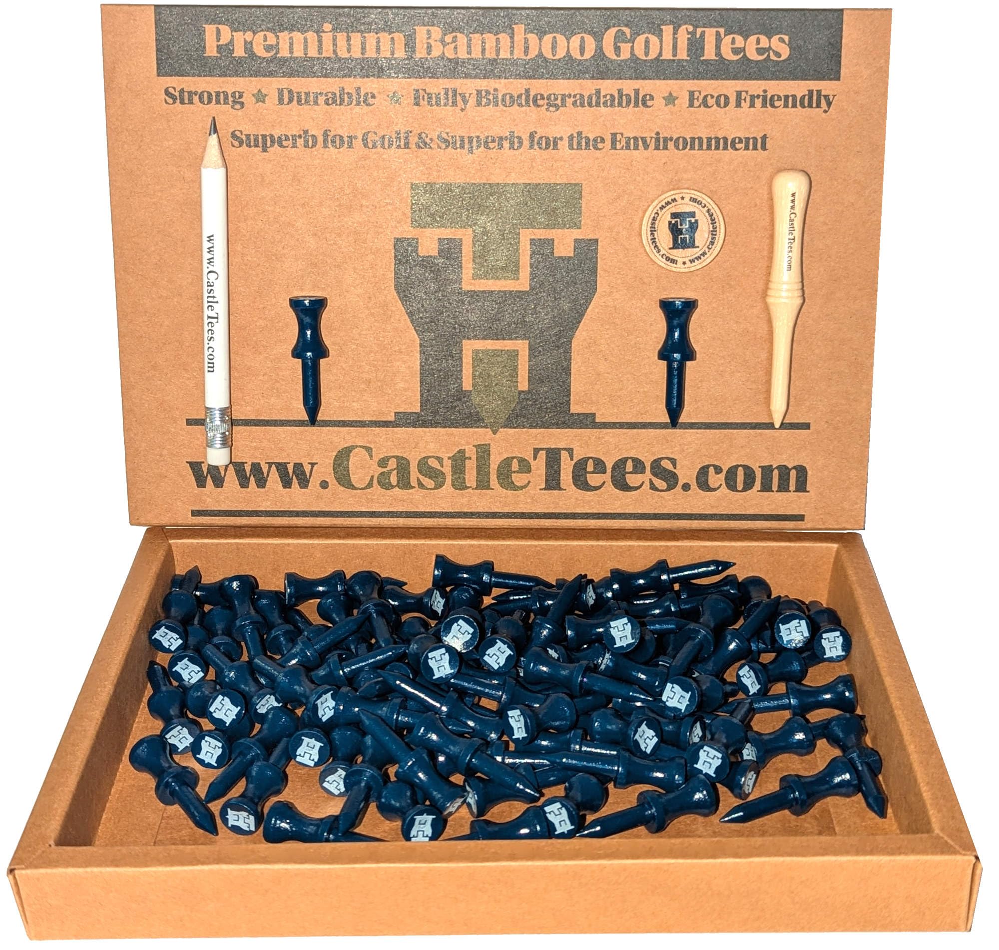 Castle Tees Official Blue 80 Tees x 38mm 1 ½ inch Blue Premium Bamboo Golf Tees Free Pitch Repair Tool, Ball Marker & Pencil. Twice the strength of regular bamboo very strong Great Golf Gift