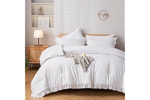 JANZAA California King Comforter Set White Comforter Ruffle 3PCS Soft Fluffy Boho Comforter Vintage Farmhouse Bed Comforter Set Shabby Chic Bedding with 2 Pillowcases for All Season