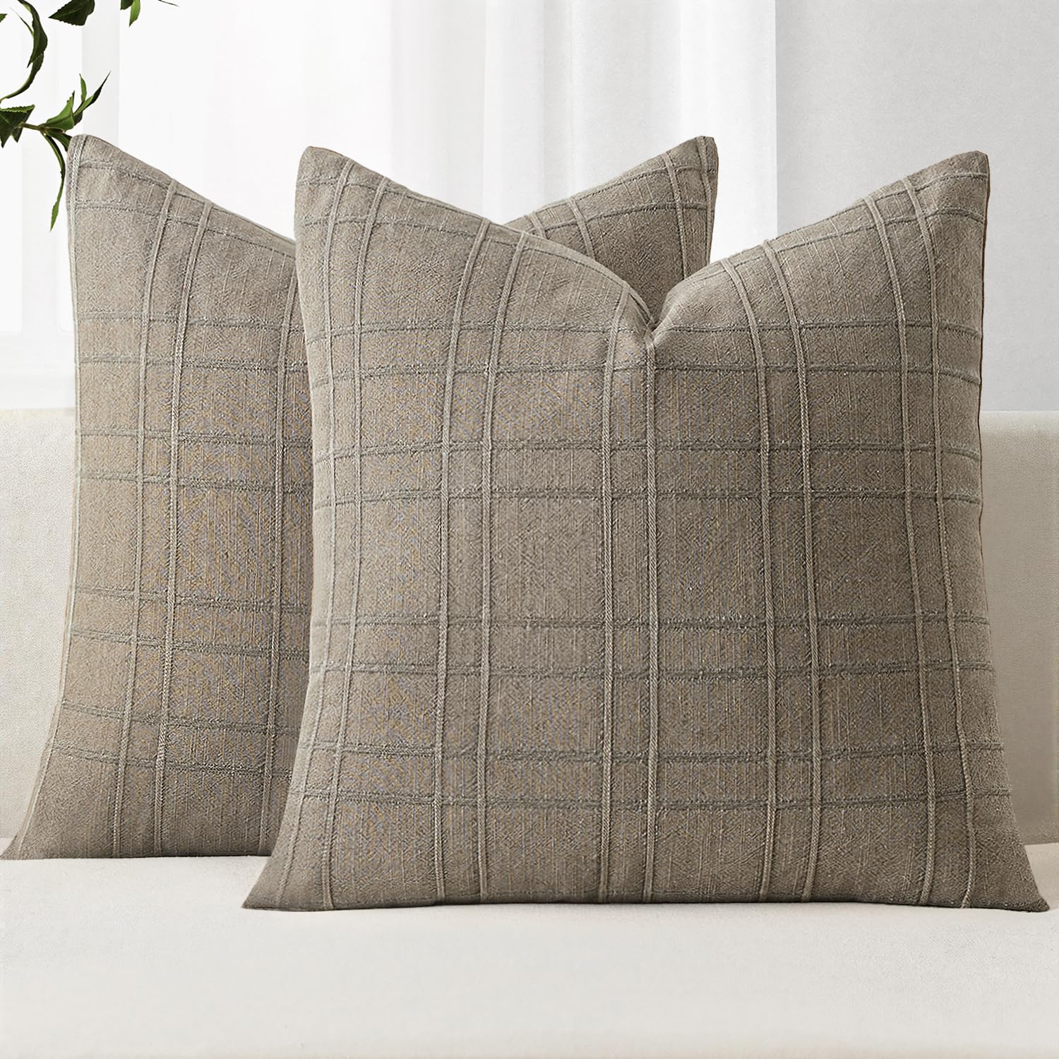Photo 1 of MIULEE Decorative Linen Check Euro Shams Throw Pillow Covers Neutral Farmhouse Vintage Pillow Covers 22x22 Inch Set of 2 Boho Modern Home Decor for Sofa Couch Bedroom Cushion Chair Tan Taupe