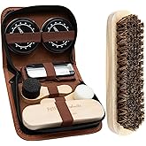 Deluxe Shoe Polish Kit - Portable 7pc Shoe Shine Kit with Genuine Horsehair Brush, Black Shoe Polish, and Clear Shoe Polish - Suede Shoe Cleaning Kit for Sneakers, Leather Shoes, and Boots