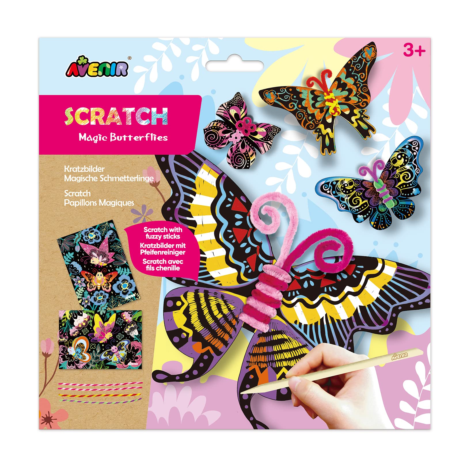 Avenir Scratch | Magic Butterflies | with Fuzzy Sticks | for Kids Ages 3+, Multi Coloured DIY Creative Activity kit