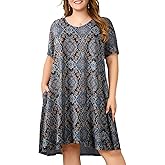 OVERWORETY Womens Short Sleeve Plus Size T-Shirt Dress V Neck Casual Loose Swing A-Line Summer Tunic Dresses with Pockets