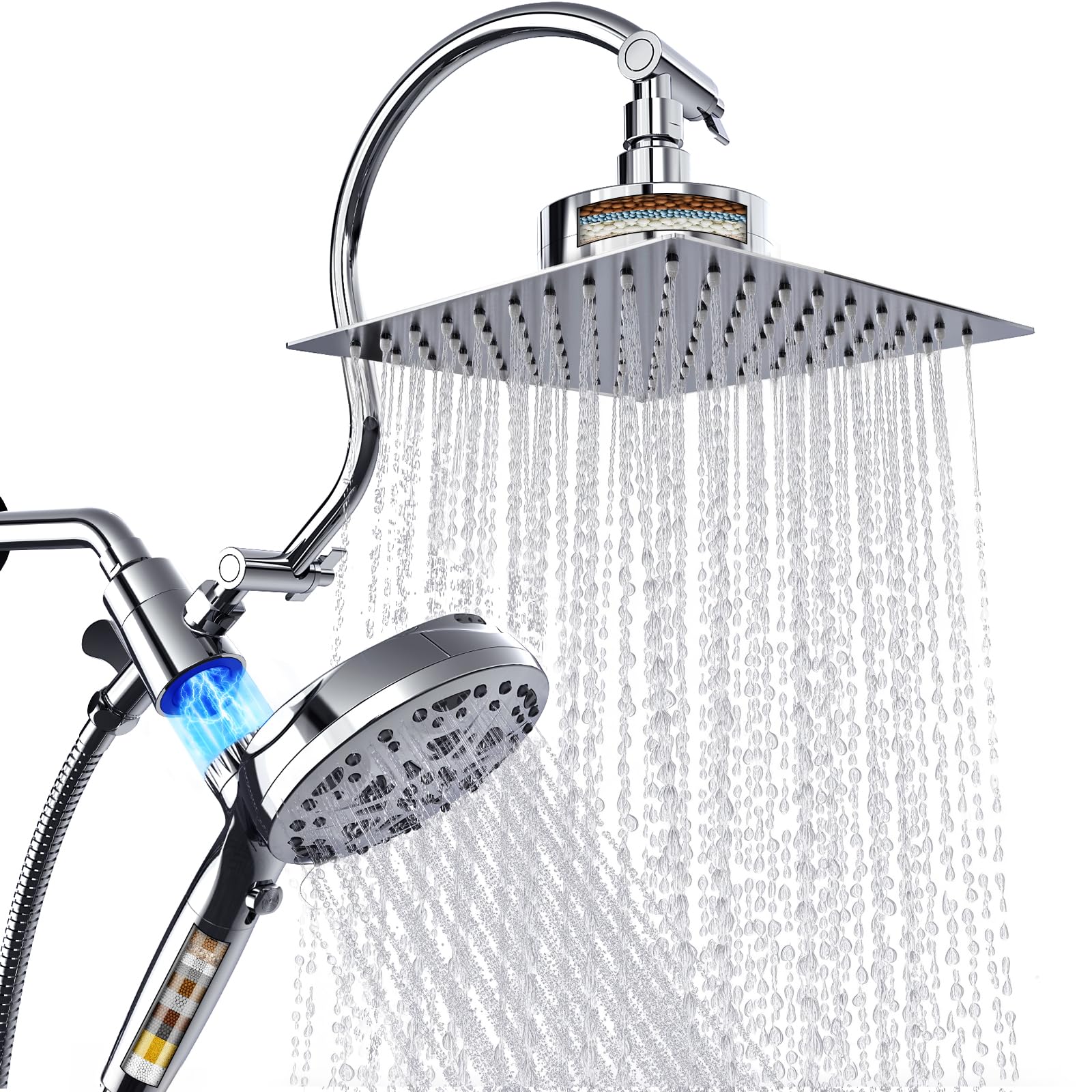 Photo 1 of Dual Filtered Shower Head with Magnetic Handheld - 8'' Square Rain Shower Head High Pressure with Handheld Combo, 8+2-Spray Magnetic Detachable Showerhead with Power Jets, Chrome