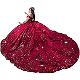 Zhangyo Off Shoulder Quinceanera Dresses with Train Ruffle Tulle Sweet 15 16 Dresses Sparkly Lace Ball Gown